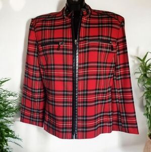 Lanalee Red & Black Plaid Lined Women's Jacket With Vegan Leather Trim